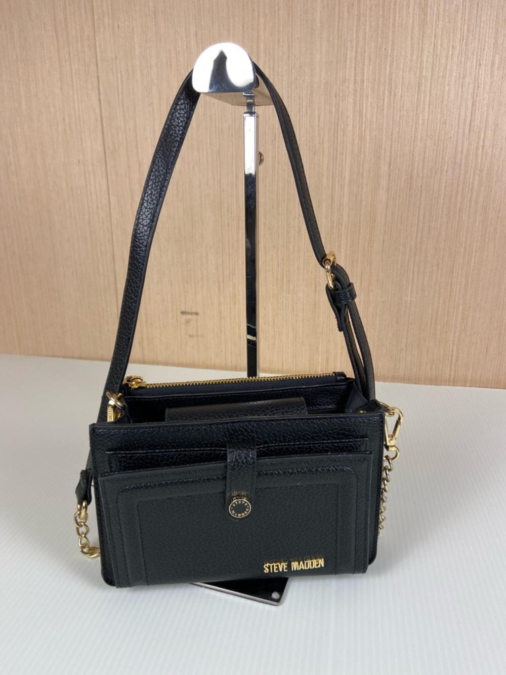 Steve Madden Black Pebbled Leather Crossbody with Gold Hardware